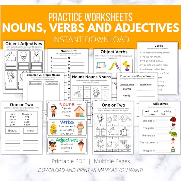 60 Nouns, Verbs, Adjectives Worksheets, parts of speech classroom poster, grammar, for teachers, homeschool, instant download, printable