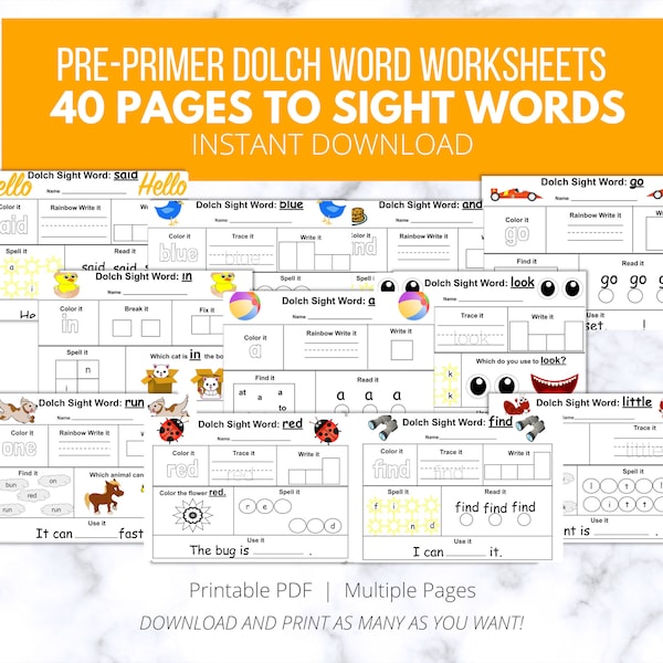 40 Pre-Primer Dolch Word Worksheets, Sight words, word wall, instant download, pre-k, kindergarten, reading, writing, spelling