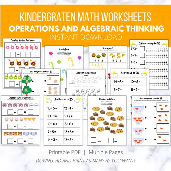 40+ Kindergarten Addition, Subtraction, Math Common Core Worksheets, Printable, Fun, Colorful, worksheets for kids, Teachers Homeschooling