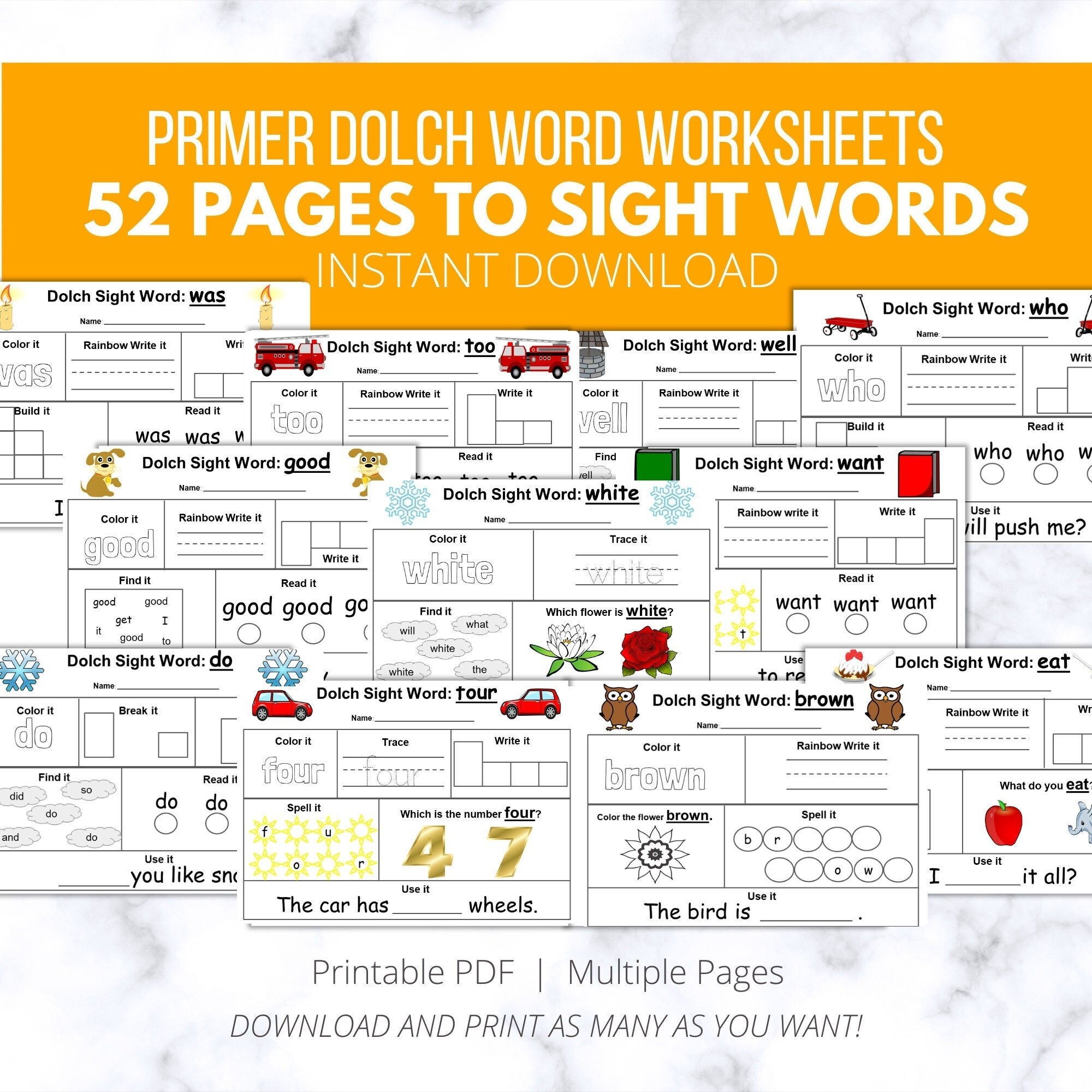 52 Primer Dolch Sight Word Worksheets, Sight Words, Instant Download ...