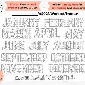 Könnte beinhalten: Schwarz-weißer druckbarer Workout-Tracker für 2023 mit Kalenderrästern für jeden Monat des Jahres. Enthält Aktivitäts-Icons zum Farbcodieren von Tagen in einem Monat.