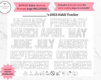 2023 Jaarlijkse Afdrukbare Gewoonte Activity Tracker Planner & Journal Reflection Page, Maandelijkse Dagelijkse Gewoonte Routine Tracking Kleurplaat Kalender
