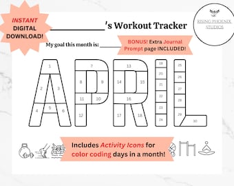 April Maandelijkse afdrukbare workout Fitness Tracker Planner en Journal Prompt Reflection Page, Daily Workout Habit Coloring Sheet Calendar
