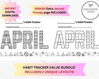 BUNDEL April Maandelijkse Afdrukbare Habit Tracker Planner met Journal Prompt Reflection Page, Daily Habit en Goals Coloring Sheet Calendar Page