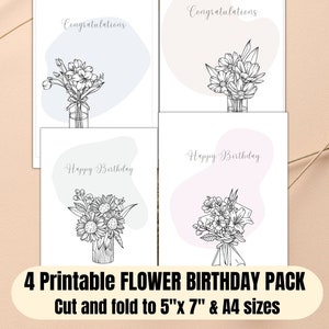 Printable flower Birthday 4 Pack, downloadable Celebration cards, printable Happy Birthday cards, Birthday greeting cards, flower cards