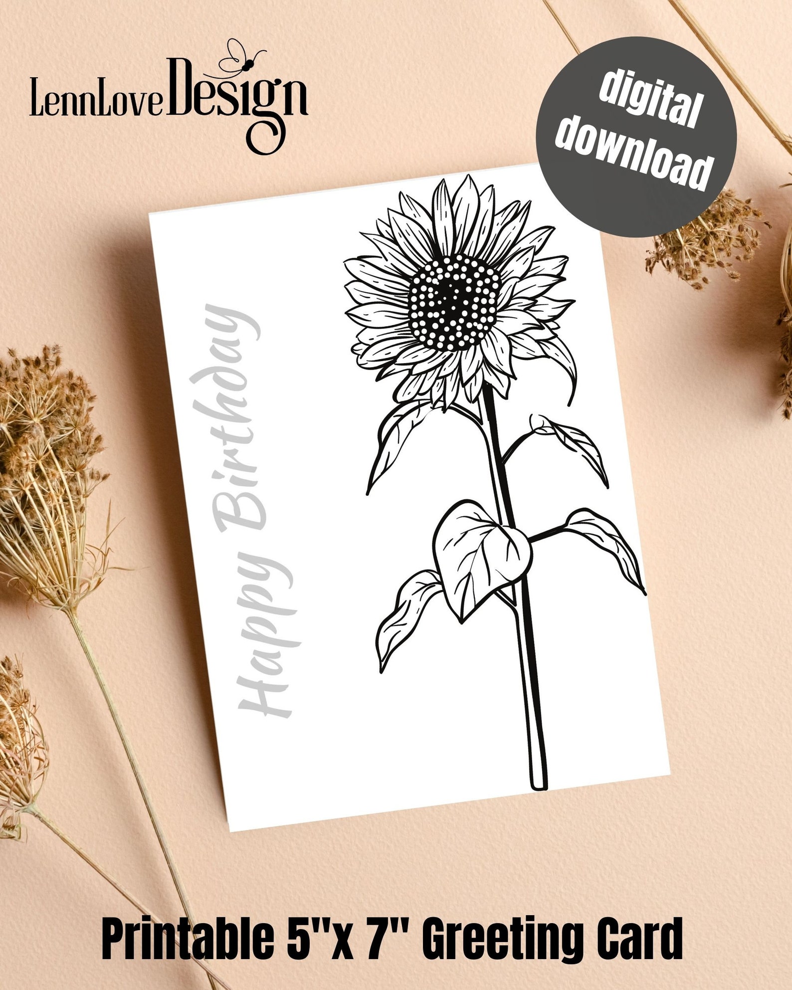 Sunflower Happy Birthday Digital Card, Instant Download, E-card, Hand ...