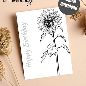 Biglietto digitale Sunflower Happy Birthday, download istantaneo, e-card, biglietto digitale disegnato a mano, biglietto di congratulazioni per biglietto di compleanno digitale, vuoto