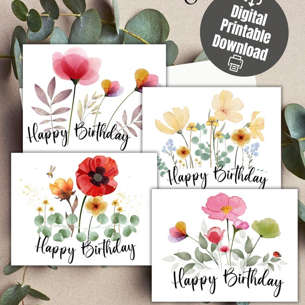 Watercolor Happy Birthday flower Card Bundle of 4, celebration pack, botanical birthday set, gift pack, watercolor wild bouquet, BD cards