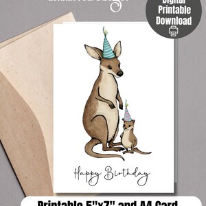 Happy Birthday カンガルー、デジタルおよびダウンロード可能なバースデー カード、誕生日のお祝い、水彩画、アクワレルの誕生日グリーティング カード