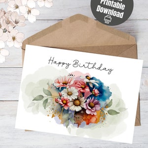 Flores silvestres Tarjeta de feliz cumpleaños, tarjeta digital descargable e imprimible, tarjeta electrónica, Feliz cumpleaños para ti, mensaje de celebración, Acuarelas