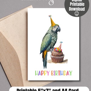 Happy Birthday Parrot, digital and downloadable birhtday card, Birthday celebration, Watercolor print, aquarelle birthday greeting card