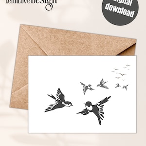 Digital blank swallow card, digital message, e-card, print at home, minimalist style blank personal note card, bird blank message cards