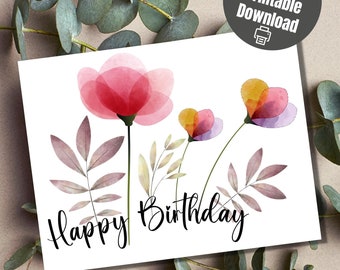 Birthday card, flower digital and downloadable, watercolor art, e-card, Birthday e-card, B-day printable card, aquarelle, watercolor flower