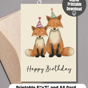 Joyeux anniversaire Fox, carte d’anniversaire numérique et téléchargeable, célébration d’anniversaire, peinture à l’aquarelle, carte de vœux d’anniversaire aquarelle