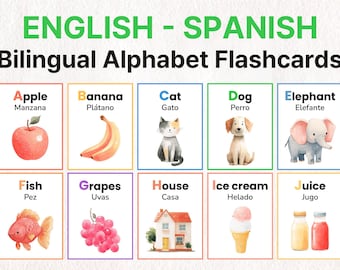 Bilingual Alphabet Flashcards | English Spanish Printable for Kids | Watercolor Learning Cards
