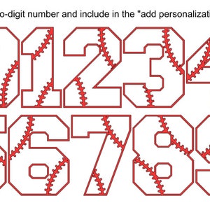 May include: A set of ten white baseball-style numbers with red stitching. The numbers are 0 through 9.