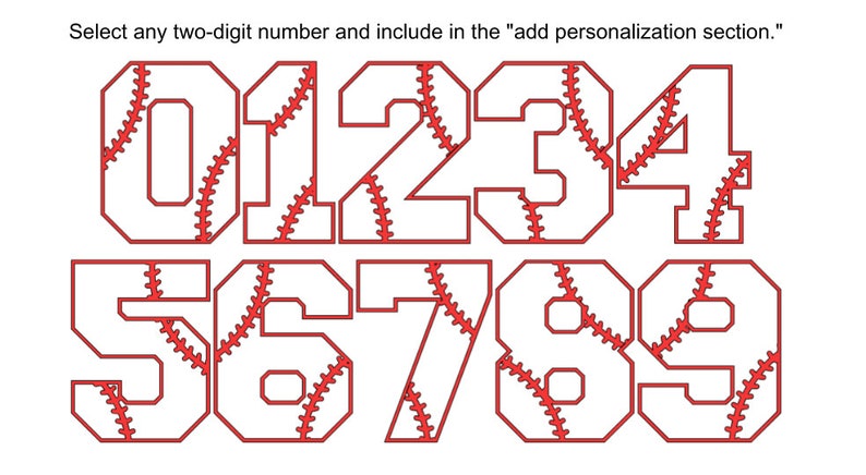 May include: A set of ten white baseball-style numbers with red stitching. The numbers are 0 through 9.