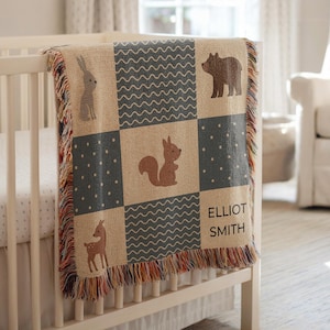 Personalized Baby Blanket: Blue Woodland Woven Cotton, Custom Name