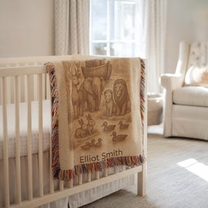 Personalized Noah&#39;s Ark Woven Blanket: Baptism Christening Gift