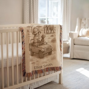 Personalized Safari Baby Blanket: Vintage Nursery Decor, Custom Name Gift