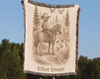 Manta personalizada de vaquero para bebé, decoración de guardería vaquera tejida con nombre personalizado, regalo de baby shower de vaquero rodeo, juego de manta de cuna de caballo para niño