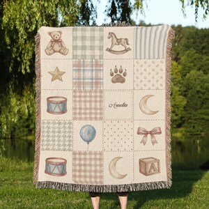 Personalized Teddy Bear Woven Blanket, Custom Name Patchwork Nursery Throw, Vintage Bear Gift for New Baby, Nursery Keepsake Room Decor