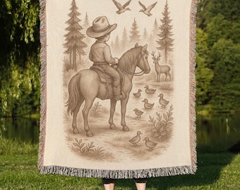 Manta tejida para bebé con diseño de vaquero, decoración rústica del oeste para la habitación del bebé, manta unisex con estampado de rodeo para cuna, regalo para la habitación del bebé con temática de caballos, no necesita nombre para niño.