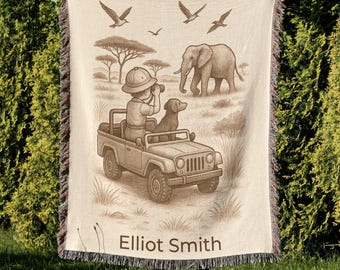 Personalized Safari Baby Blanket, Custom Name Woven Vintage Jungle Nursery Decor, Wild One Crib Throw, Baby Boy Shower Gift, Crib Decor