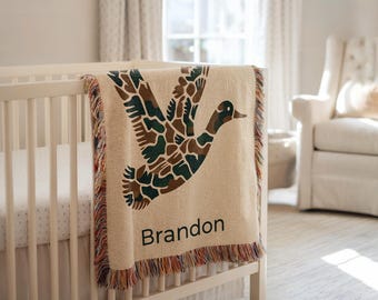 Personalized Camo Mallard Duck Blanket, Custom Name Woven Hunting Nursery Decor, Duck Hunter Baby Boy Gift, Mallard Crib Throw Set