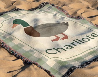Personalized Mallard Duck Baby Blanket, Custom Name Woven Cotton Nursery Decor, Duck Hunting Crib Throw, Hunter Baby Boy Gift Idea