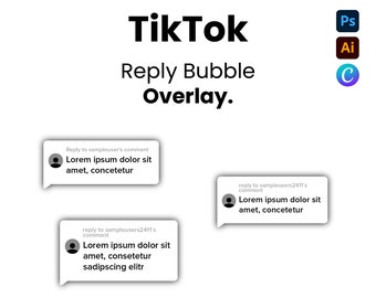 May include: A white background with the text "Tik Tok Reply Bubble Overlay." in black. Three white speech bubbles with rounded corners and gray shadows contain the text "Reply to sampleuser's comment Lorem ipsum dolor sit amet, concetetur", "reply to sampleusers2411's comment Lorem ipsum dolor sit amet, consetetur sadipscing elitr", and "reply to sampleusers2411's comment Lorem ipsum dolor sit amet, concetetur". Each speech bubble has a gray icon of a person's head in the top left corner.