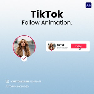Könnte beinhalten: Eine anpassbare TikTok-Follow-Animationsvorlage mit blauem Hintergrund. Die Vorlage zeigt ein rundes Profilbild einer Frau mit blonden Haaren und einem roten Häkchen. Die Vorlage enthält auch ein rechteckiges Feld mit dem Text "TikTok @sampleuser" und einen roten Button mit der Aufschrift "Folgen".