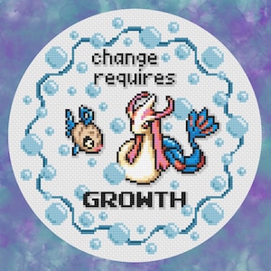 Op de afbeelding: Een witte cirkel met een blauwe rand en een blauwe en roze cartoonvis met de tekst "change requires GROWTH" erin.