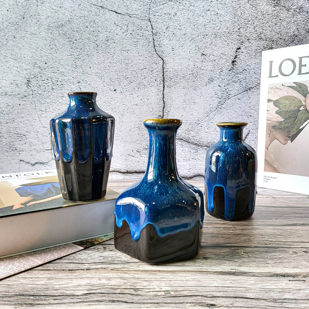 Blue Ceramic Vases, Set of 3, Flambe Glazed Mini Vases Home Decor