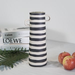 Black And White Tall Striped Ceramic Vase, 11inc/ 6.5inch Flower Vase Handles, Decorative Pottery Vase, Minimalist Boho Design Home Décor