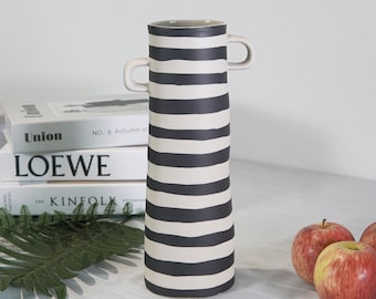 Black And White Tall Striped Ceramic Vase, 11inc/ 6.5inch Flower Vase Handles, Decorative Pottery Vase, Minimalist Boho Design Home Décor