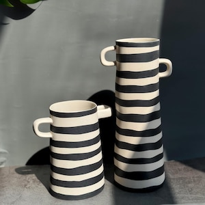 Tall Striped Ceramic Vase with Handles- Black, White, Yellow Flower Pot, 11" and 6.5" Flower Vase, Minimalist Boho Home Décor