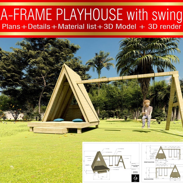 DIY A-Frame kid's playhouse with swing, DIY Plan Children Playhouse with swing, Kid's Play structure with swing, Play house with swing