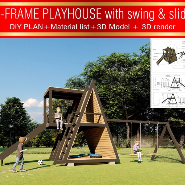 Playhouse with slide & swing A-Frame DIY Plan, DIY plan play house with slide, Kids Playground, Modern Playhouse, Play Structure, Fun slide
