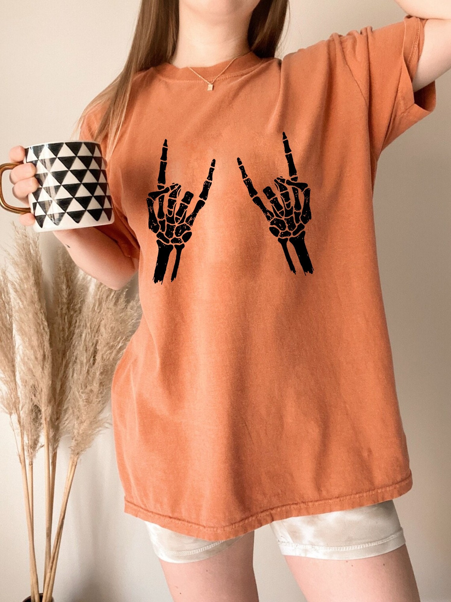 Discover Rock On Skeleton Hands  Shirt, Funny Skeleton Halloween Shirt, Skeleton Shirt, Skeleton Hands Shirt, Skull Tee, Women Shirt