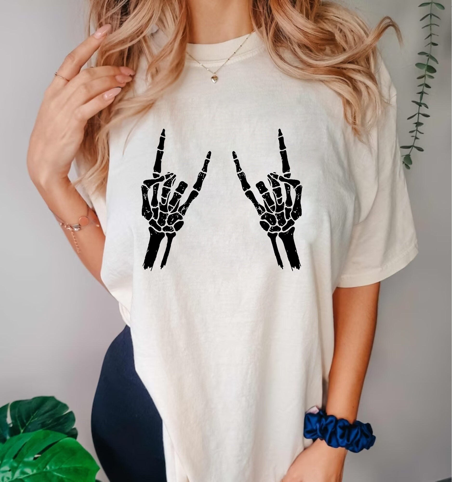 Discover Rock On Skeleton Hands  Shirt, Funny Skeleton Halloween Shirt, Skeleton Shirt, Skeleton Hands Shirt, Skull Tee, Women Shirt