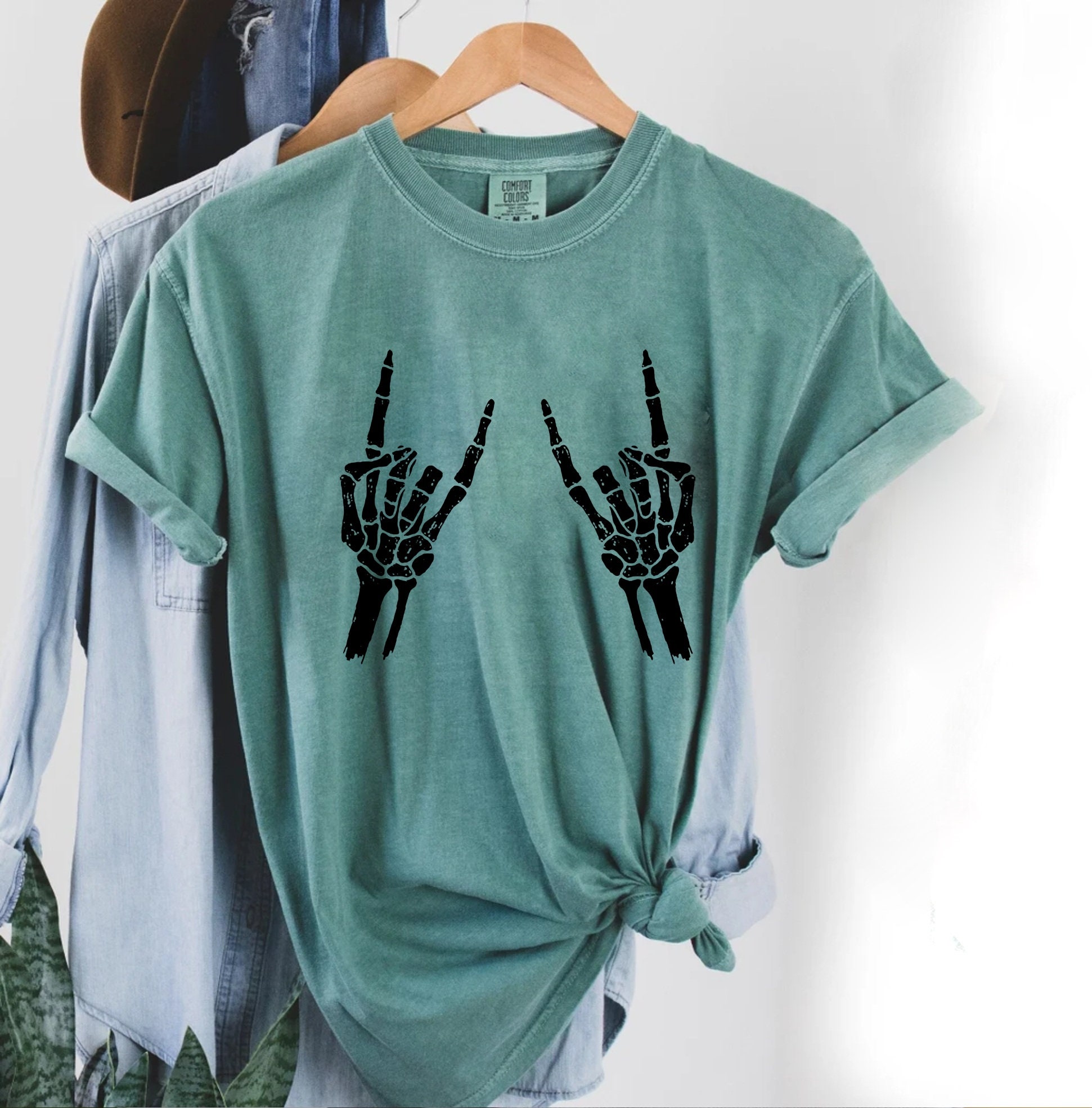 Discover Rock On Skeleton Hands  Shirt, Funny Skeleton Halloween Shirt, Skeleton Shirt, Skeleton Hands Shirt, Skull Tee, Women Shirt