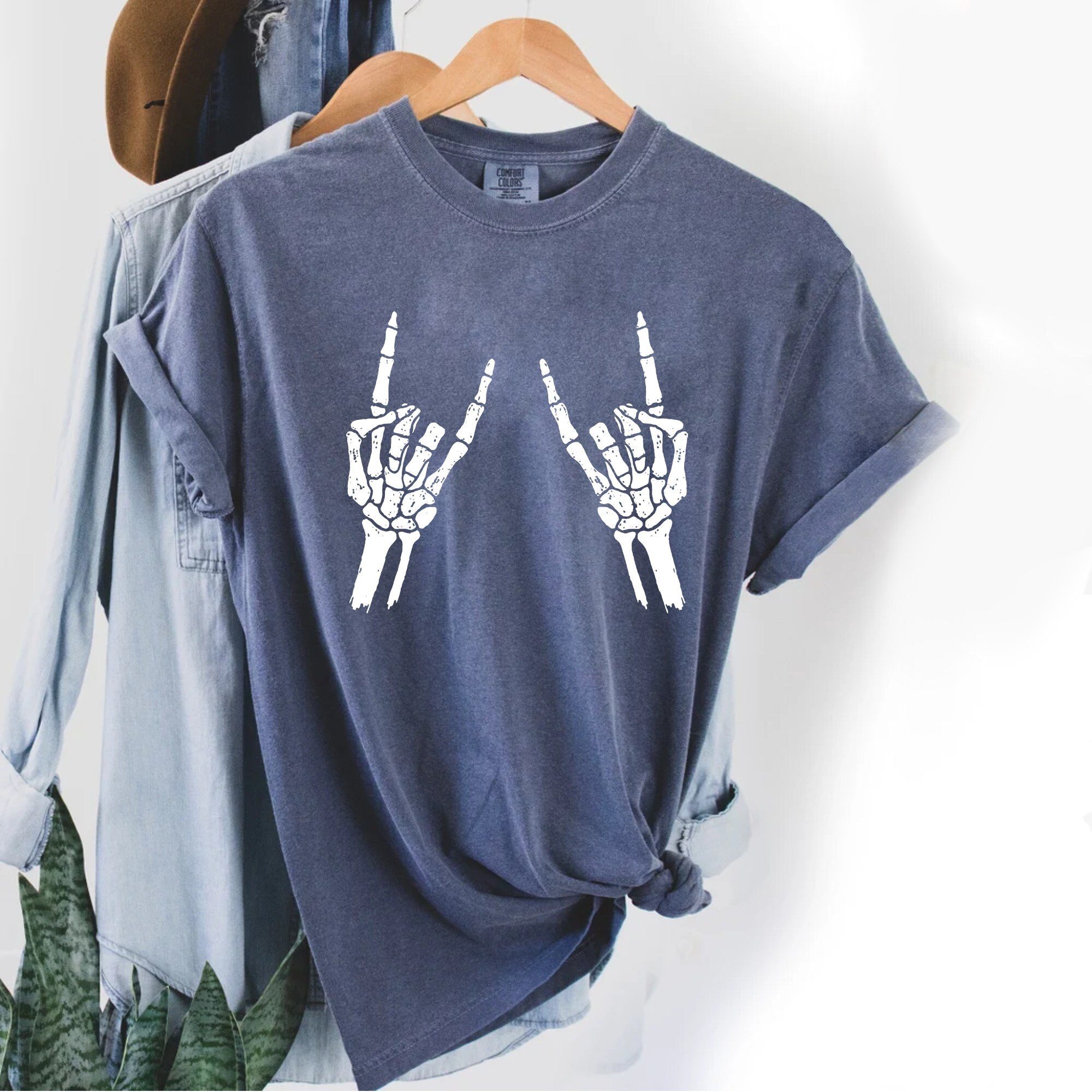 Discover Rock On Skeleton Hands  Shirt, Funny Skeleton Halloween Shirt, Skeleton Shirt, Skeleton Hands Shirt, Skull Tee, Women Shirt