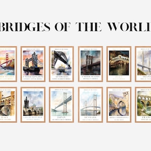 Puede incluir: Una colección de impresiones en acuarela enmarcadas que representan puentes famosos de todo el mundo. El texto "BRIDGES OF THE WORLD" está en la parte superior. Cada impresión muestra un puente diferente, como el Golden Gate y el puente de Brooklyn.