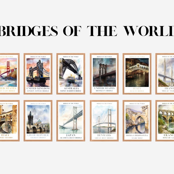 12 Watercolor paintings of world famous bridges, Famous Bridge Set of 12 Digital Prints, Instant Art, City Bridge Print, Printable Decor