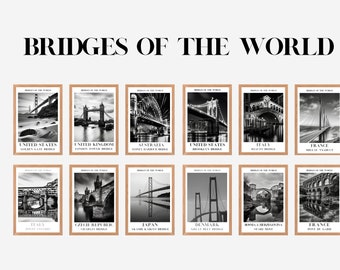 12 Black & White paintings of world famous bridges, Famous Bridge Set of 12 Digital Prints, Instant Art, City Bridge Print, Printable Decor