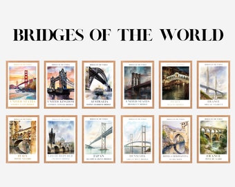 12 Watercolor paintings of world famous bridges, Famous Bridge Set of 12 Digital Prints, Instant Art, City Bridge Print, Printable Decor