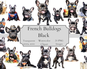 20 Cute French Bulldog Watercolor Clipart PNG Files, Transparent French Bulldog Clipart Digital File, Black French Bulldog Clipart PNG