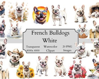 20 Cute French Bulldog Watercolor Clipart PNG Files, Transparent French Bulldog Clipart Digital File, White French Bulldog Clipart PNG