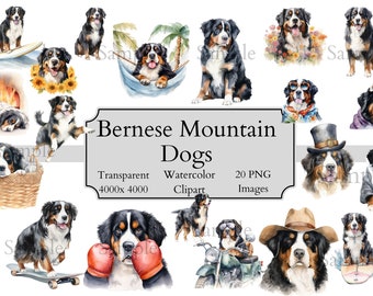 20 Cute Bernese Mountain Dog Watercolor Clipart PNG Files, Transparent Bernese Clipart Digital File, Bernese Mountain Dog Clipart PNG